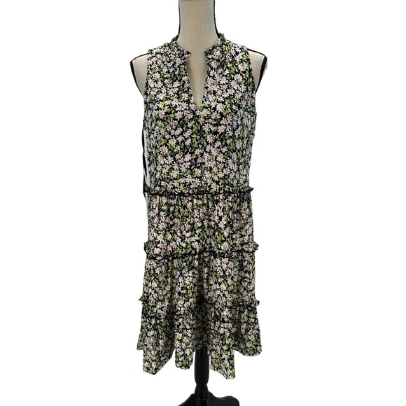 Tommy Hilfiger Sleeveless Floral Print Layered Midi Dress - Black Green -size 10 - Picture 1 of 10